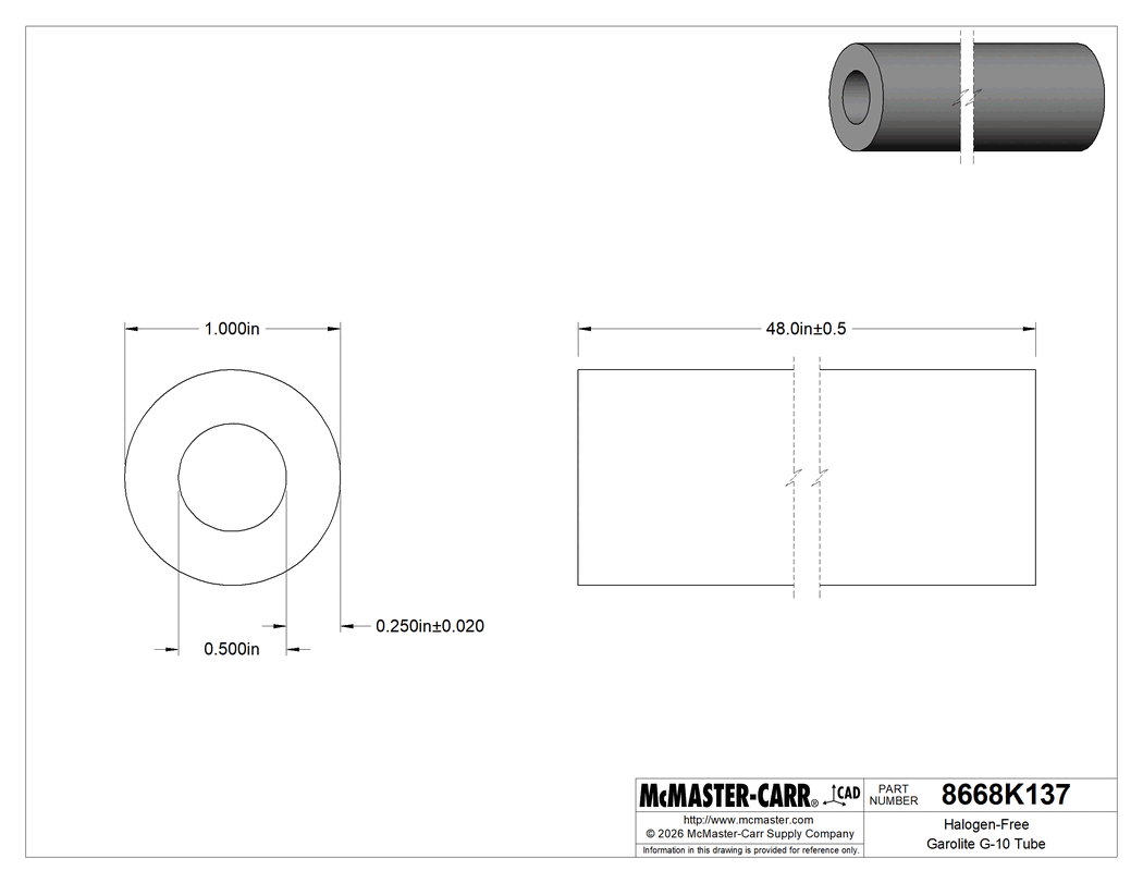 Technical Drawing of Halogen-Free Garolite G-10 Tube, 1/4" Wall Thickness, 1" OD, 1/2" ID, 48" Long.